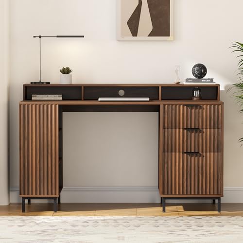 55'' Fluted Executive Desk with Drawers, Modern Home Office Computer Desk with Charging Station, File Drawer, Monitor Stand, Storage Shelf for Work Writing Study, Brown - color: Brown, size: 55.1"W x 21.6"D x 34.2"H