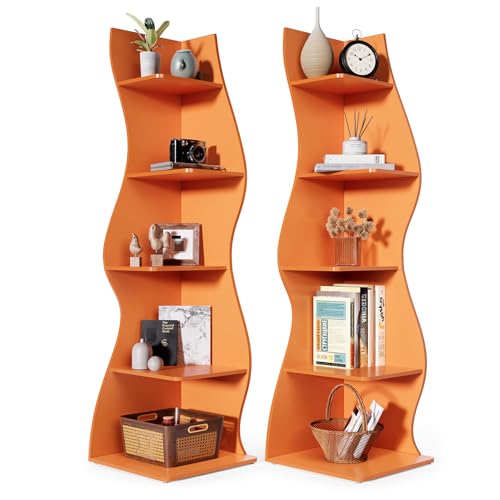 LITTLE TREE Small Corner Shelf, Modern 5-Tier Wall Corner Bookshelf, Stylish Bookcase Storage Rack for Small Space, Living Room, Bedroom, Orange, 2 Pack - color: Orange, size: 2 Pack