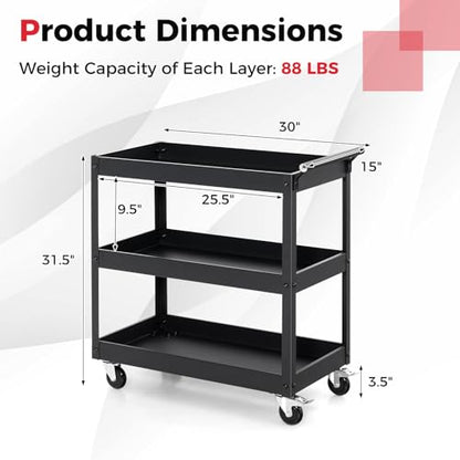 3-Tier Rolling Tool Cart, Mechanic Organizer Push Cart with 4 Universal Wheels & 2 Brakes, Heavy-Duty Metal Service Carts for Home, Kitchen, Warehouse, Garage (Black) - size: 3" Wheels