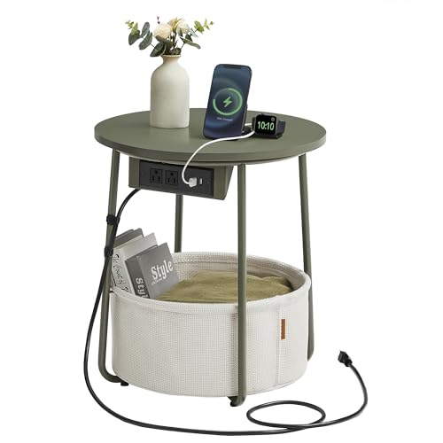 VASAGLE LILEA Collection - Side Table with Charging Station, Round End Table with Fabric Basket, Nightstand with USB Ports, for Living Room, Bedroom, Modern, Forest Green and Cream White ULET228C04 - color: Forest Green + Cream White, size: Without LED li