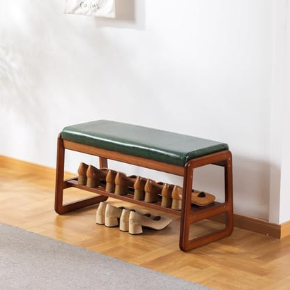 SOBIBO Solid Wood Shoe Bench, 2-Tier Wooden Entryway Bench, Modern Shoe Rack with Faux Leather Cushion for Hallway, Living Room (Green, 31.5'') - color: Green, size: 31.5 inches