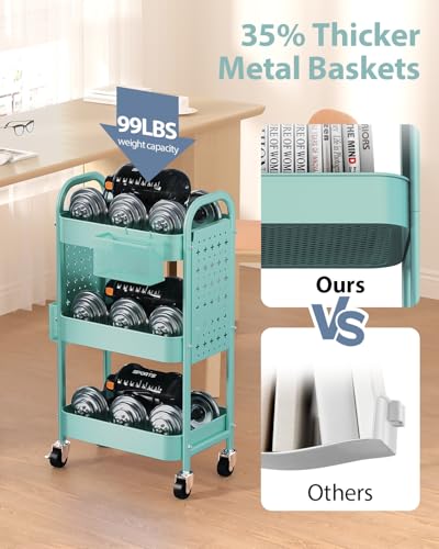ALVOROG 3 Tier Rolling Cart with DIY Pegboards Metal Utility Cart with Wheels Handles Baskets Hooks, Craft Cart for Office Kitchen Bathroom(Tiffany Blue) - color: Tiffany Blue