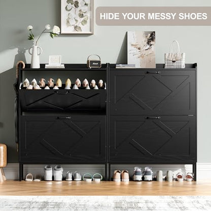 Nicetree Shoe Storage Cabinet with 2 Flip Drawers, Freestanding Shoe Organizer, Shoe Cabinet with Metal Legs, Narrow Shoe Rack Cabinet, Farmhouse Slim Shoe Cabinet for Entryway, Foyer, Hallway, Black - color: Black