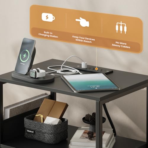 MALOL Night Stand with Charging Station & Led Light Strip, Bedside Table with Open Shelf & 2 Fabric Drawers and Reversible Side Storage Pocket, Modern End Table Bedroom,Living Room,Black - color: Black, size: Set of 1