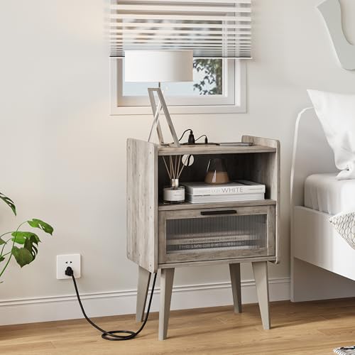 MMEOLUOOK Nightstand with Charging Station, Bedside Tables Oak Grey End Table Side Table with 2 Tiers Storage Space, for Bedroom Living Room MLBZ07GE - color: Oak Gray