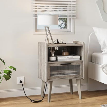 MMEOLUOOK Nightstand with Charging Station, Bedside Tables Oak Grey End Table Side Table with 2 Tiers Storage Space, for Bedroom Living Room MLBZ07GE - color: Oak Gray