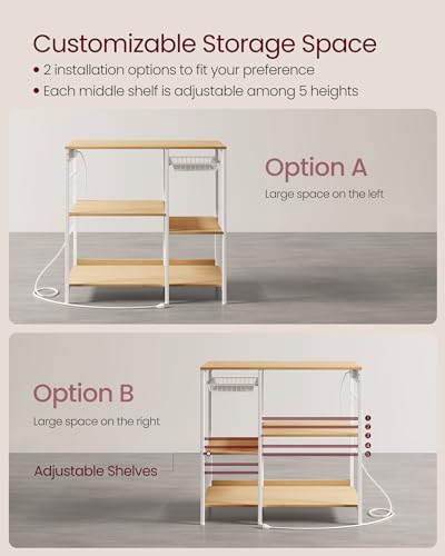 VASAGLE Baker's Rack, Coffee Bar Stand with Charging Station, 35.6 Inches Tall, Storage Shelves, Pull-Out Wire Basket, Table for Microwave, Kitchen, Oak Beige and Ink Black UKKS036Y09 - color: Oak Beige + Ink Black, style: With Power Outlet