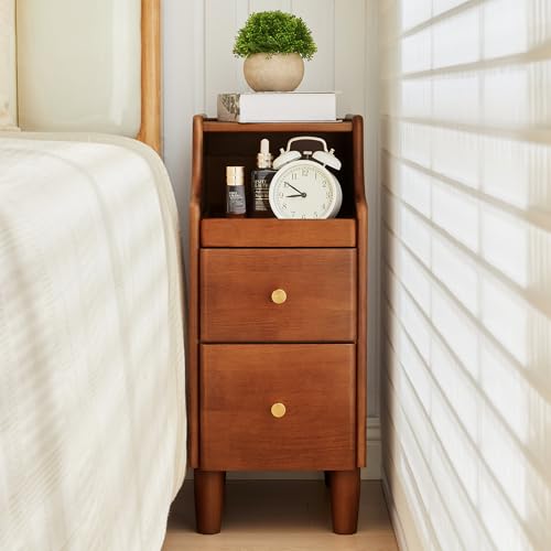 Solid Wood Narrow Nightstand, Slim Bedside Table with 2 Drawers & Slide-Out Tray, Mid-Century Modern End Table Side Table for Bedroom, Living Room, Small Spaces (Walnut) - color: Walnut