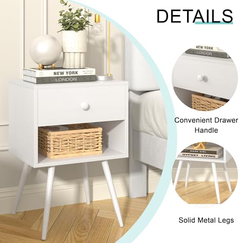 VECELO Nightstands Set of 2, Mid Century Modern End Bedside Table, Night Stand with Storage Drawer and 2 Tiers Open Shelf for Small Place, Bedroom, Living Room, Easy Assembly, Pure White - color: Pure White