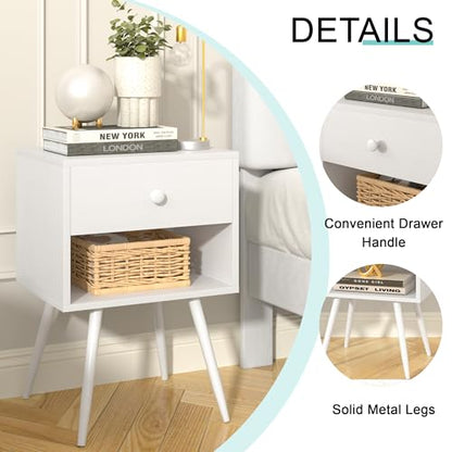 VECELO Nightstands Set of 2, Mid Century Modern End Bedside Table, Night Stand with Storage Drawer and 2 Tiers Open Shelf for Small Place, Bedroom, Living Room, Easy Assembly, Pure White - color: Pure White