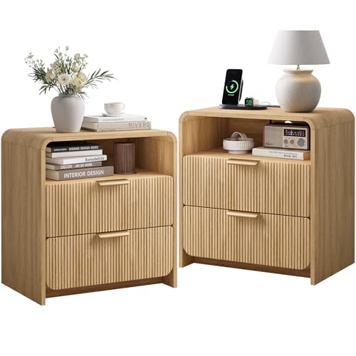 24" Fluted Nightstand Set of 2 with Charging Station, Bedside Table with Metal Handle, NightStand with 2 Drawer and Shelf, End Table for Bedroom, Curved Profile, Natural Oak - color: Natural Oak-2 Drawers, size: 2 Drawers