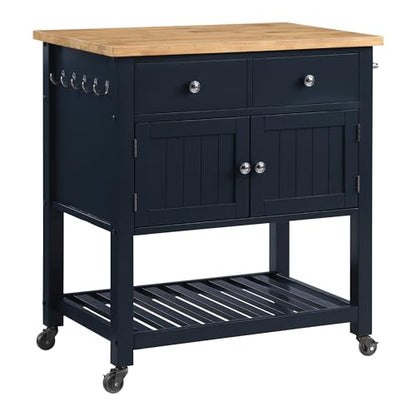 OSP Home Furnishings Stirling Farmhouse Kitchen Cart, Rolling Storage Cabinet with Drawers, Shelf, 5 Utility Hooks, Dark Blue with Natural Wood Top