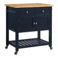 OSP Home Furnishings Stirling Farmhouse Kitchen Cart, Rolling Storage Cabinet with Drawers, Shelf, 5 Utility Hooks, Dark Blue with Natural Wood Top