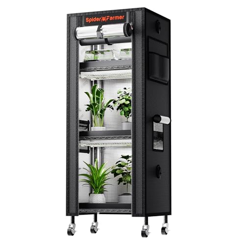 Spider Farmer 4 Tier Mini Greenhouse Plant Shelf with Grow Lights Indoor | 60W Full Spectrum LED Grow Lights, Grow Tent Cover with Visual Curtain and Blackout Curtain, Waterproof Trays, Movable Wheels - size: S-16x12x47in