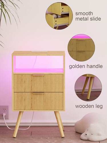 Leomonio Nightstand, Modern Bedside Table with 2 Storage Drawer and Open Wood Shelf for Bedroom and Small Spaces, Night Stand with Solid Wood Legs (Yellow Oak-Outlet) - color: Yellow Oak-outlet