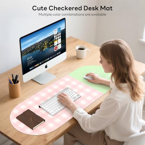 Checkered Pattern Desk Pad Protector, 35.5 x 13'' Aesthetic Mouse Mat for Desktop, Waterproof PU Leathe Non-Slip Desk Writing Pad for Office and Home, Pink and Green - color: Pink and Green
