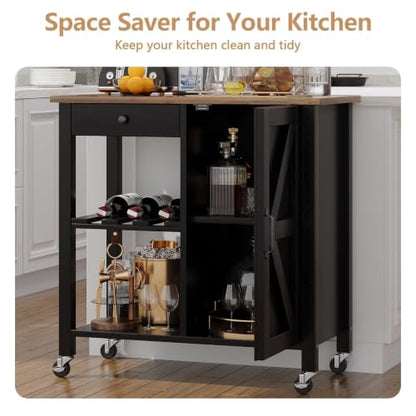 Small Kitchen Island Cart on Wheels with 31.4'' Wood Tabletop, Black | Farmhouse Rolling Kitchen Island with Storage, Lockable Wheels, Drawer, Adjustable Shelf and Wine Rack for Dining Room - style: Black