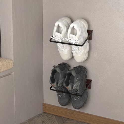 SCUNDA 2-Pack Wall Mounted Shoe Rack, Wooden & Metal Foldable Shoe Rack - Space Saving Wall Shoe Holder for Entryway, RV, Camper, Closet, Apartment, Fits Various Shoes-Brown