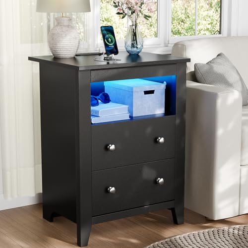 Loomie Black Nightstand with Gun Drawer, Night Stand with Charging Station & LED Lights, Bedside Table with Tray & 2 Drawers, End Side Table with Hidden Compartment for Valuables Storage