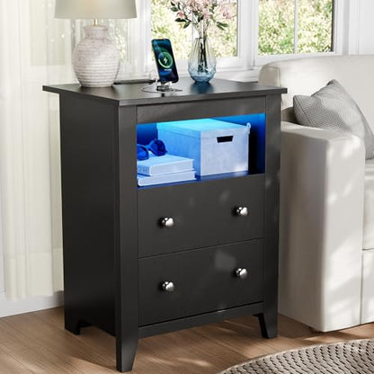 Loomie Black Nightstand with Gun Drawer, Night Stand with Charging Station & LED Lights, Bedside Table with Tray & 2 Drawers, End Side Table with Hidden Compartment for Valuables Storage
