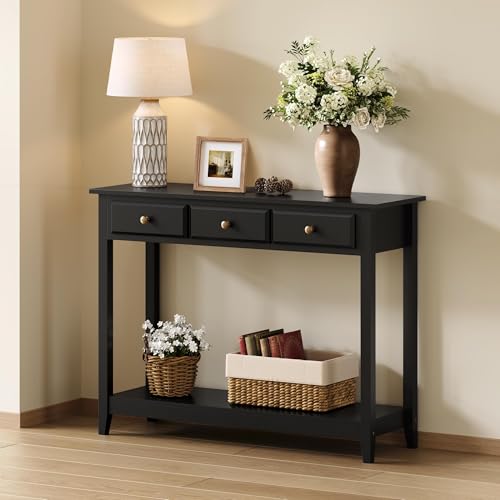 Yaheetech Console Table with 3 Drawers, Wood Entryway Table with Storage Shelf, Sofa Tables Narrow Long for Living Room, Entryway, Hallway, Foyer, Black - color: Black