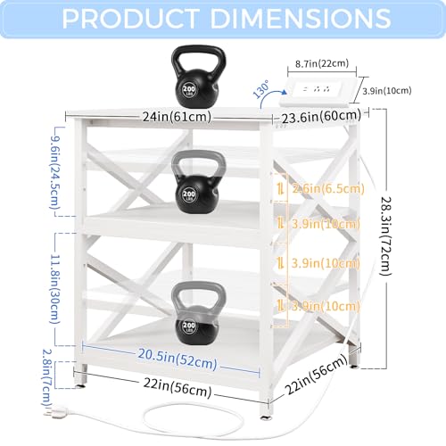METYERRY 23.6"x23.6" Large Printer Stand with Power Outlet, 3 Tier Cart | Adjustable Shelf, Fits 3D Printers, Laser Printers and Heat Press, 200 lbs Heavy Duty, Industrial Wheels, Home Office - color: White