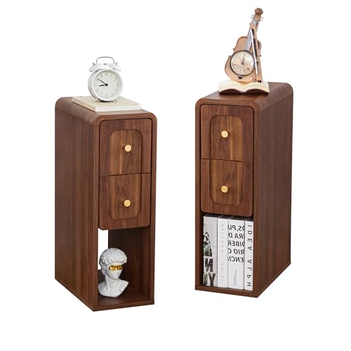 Small Nightstand Set of 2, Wooden Narrow Nightstands with 2 Drawers, Vintage Side End Table for Small Spaces, Skinny Night Stand, Bedside Table for Bedroom, Living Room (Walnut-2PCS) - color: Walnut-2pcs, size: 2 Drawers