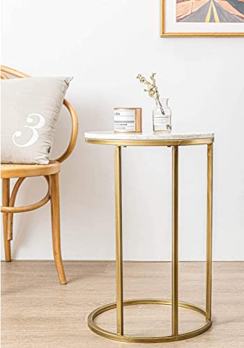 RiteSune Round C Shaped End Snack Side Table Slide Under Couch with Marble Top for Sofa Coffee Laptop Living Room Bedroom Small Space, 16" D x 24" H - color: Gold