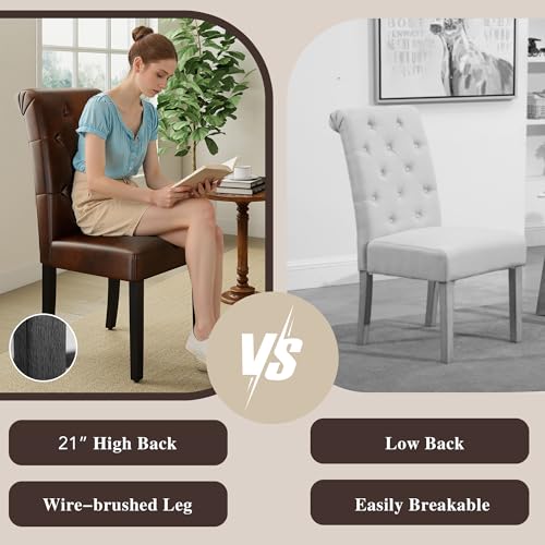 LSSBOUGHT Upholstered Dining Chairs Set of 4,Tufted Parsons Kitchen Chair with Solid Wood Legs, Modern PU Leather Side Chair for Dining Room/Restaurant(4pcs,Brown) - color: Brown-pu, size: Set of 4