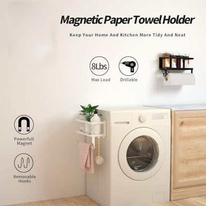 Magnetic Paper Towel Holder for Refrigerator, Magnetic Spice Rack,Magnetic Shelf for Stove,Wall Mount Towel Rack with Hooks,Refrigerator Organizer for Kitchen (Black)