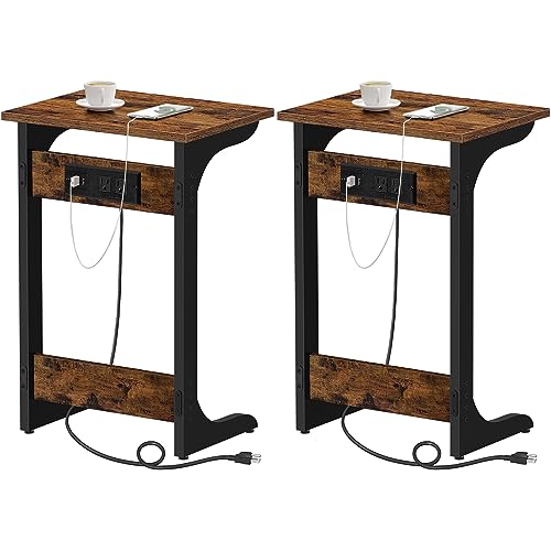 TUTOTAK C Shaped End Table with Charging Station, Set of 2, Couch Table, Tv Tray with 2 USB Ports and Outlets, Sofa Side Table for Small Spaces, Living Room, Bedroom TB01BB0442 - color: Brown, size: 2 pcs, style: Ordinary