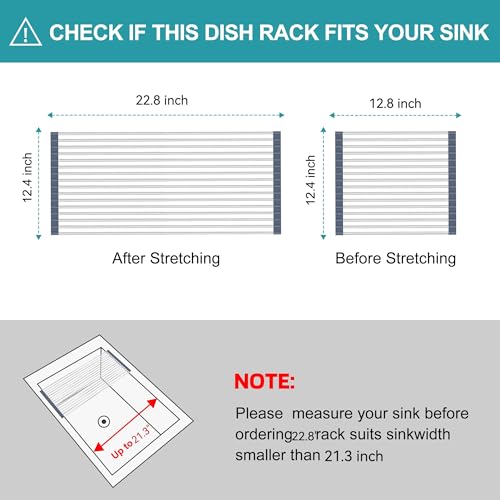 BBXTYLY Extra Large Expandable Roll Up Dish Drying Rack,Over The Sink Drying Rack Sink Cover Kitchen Sink Accessories Kitchen Rolling up Stainless Steel Drainer, Foldable,Rollable（Gray，22.8''-12.4''） - color: Gray, style: 16 tubes,expandable