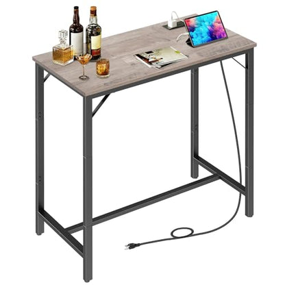 HOOBRO Bar Table with Charging Station, Rectangular Pub Table, High Top Coffee Table, Counter Bar Height Table, Narrow Long Dining Table, 35.4" L x 15.7" W x 35.6" H, Greige BG90UBT01 - color: Greige + Black