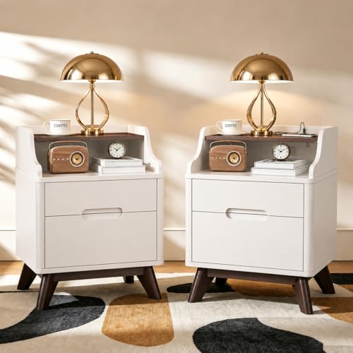 Nightstand Set of 2 with Charging Station, Bedside Table w/2 Drawers, White | Wood Night Stand with Hidden Handle, Open Shelf Top, Modern End Table for Bedroom Dorm Home Office - color: White, size: Wide (2 drawer)