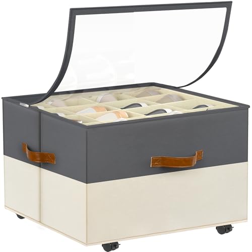 Shoe Organizer for Closet, Shoe Storage Organizer with Wheels and Adjustable Divider, Stackable Shoe Storage Box with Clear Cover, Foldable Closet Shoe Organizer Fits up to 16-32 Pairs, Gray and Beige - color: Gray and Beige, size: 17"L x 17"W x 12 ½"H