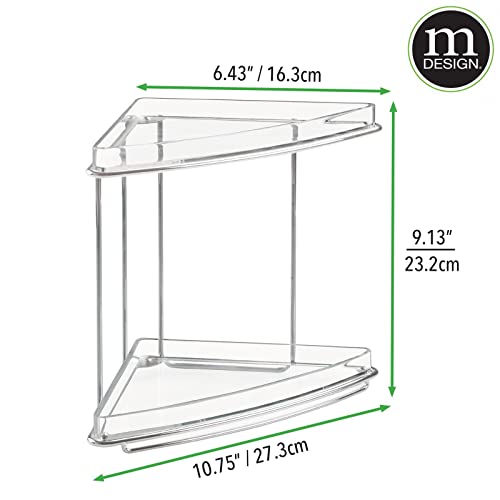 mDesign Steel/Plastic Freestanding Countertop Corner Shelf Organizer with 2-Tier Storage for Bathroom, Vanity, Cabinet, Counter - Holds Makeup, Bath Gel - Prism Collection - Clear