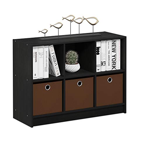 Furinno BASIC Book Shelf, 6-Cube Bookshelf with Open Shelf, 3 x 2 Bookcase with Storage Bins, Closed Back, Horizontal, 11.9 x 31.6 x 23.6, for Living Room, Bedroom, Home Office, Americano - color: Americano/Medium Brown, size: 6-Cube with Bin