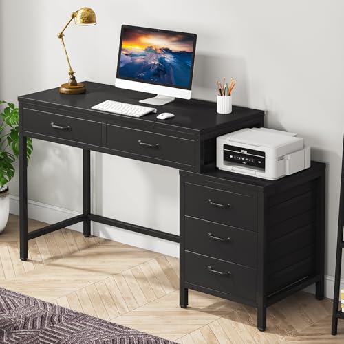 Tribesigns Computer Desk with 5 Drawers, Home Office Desks with Reversible Drawer Cabinet Printer Stand, Industrial PC Desk with Storage, Rustic Study Writing Table Workstation for Small Spaces, Black - color: Black