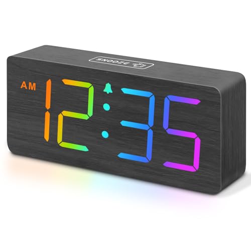 DreamSky Wooden Digital Alarm Clock for Bedroom, Living Room Desk | RGB Loud Alarm Clock for Heavy Sleepers with Volume Control, Large Numbers with Dimmer, Office Wood Decor (Plug in Clock) - color: Rgb-black (Plug-in)