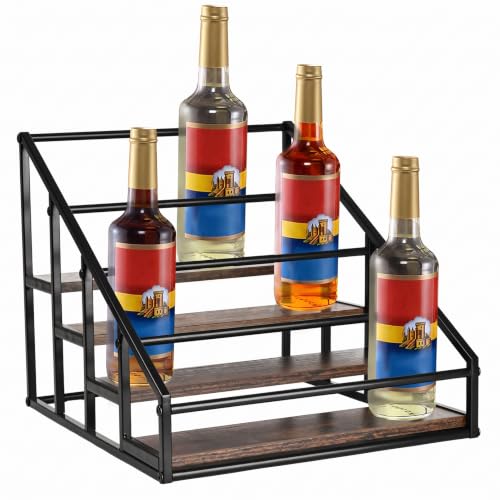 YQBRAO 4-Tier Coffee Syrup Organizer, 16-Bottle Rack, Rustic Brown | Holds up to 16 bottles with stepped visibility; rustic wood and metal design for syrups, kitchens, and home coffee bars. - size: 4 Tier 16 Bottle Syrup Rack - 1 Pack