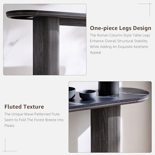 OKD 63" Modern Fluted Console Table, Narrow Entryway Table, Dark Alder | Modern Fluted Wood Base, Curved Faux Marble-Texture Top, Entryway, Hallway, Foyer, Behind Sofa - color: Dark Alder