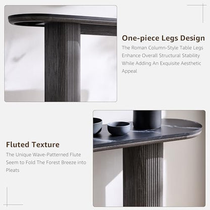 OKD 63" Modern Fluted Console Table, Narrow Entryway Table, Dark Alder | Modern Fluted Wood Base, Curved Faux Marble-Texture Top, Entryway, Hallway, Foyer, Behind Sofa - color: Dark Alder