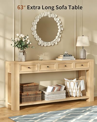 FUSOU 63 Inch Console Table, Sofa Table Behind Couch, Entryway Table with 4 Drawers & Open Shelf, Farmhouse Sofa Table for Living Room (Natural) - color: Natural