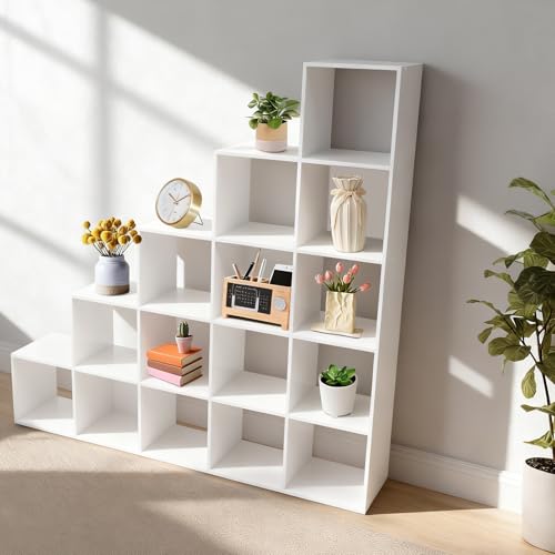 5-Tier Stepped Bookshelf, 15 Cube Storage Organizer Floor Standing Storage Shelf Modern Open Bookshelf for Home and Office (White) - size: 15 Cube L-Shaped