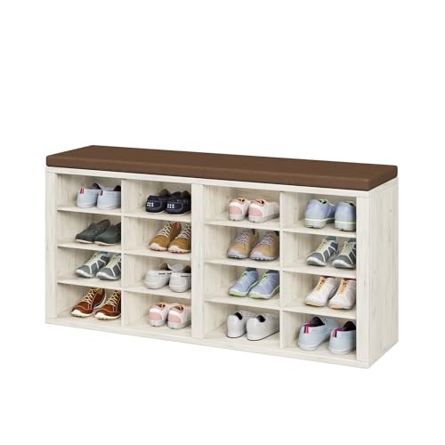 ITEFDTUTNE Shoe Rack Bench 40.94" Entryway Bench with Shoe Storage 16 Cubby Wood Shoe Organizer Bench with Removable Cushion for Hallway, Living Room, Bedroom and Garage - color: White+brown