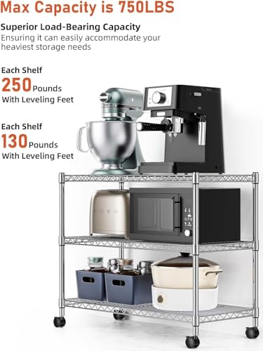 Simple Deluxe 3-Tier Storage Shelves, 750 Lbs Loading Capacity, 24.02" W x 13.78" D x 21.97" H Shelving Unit for Garage, Pantry and Kitchen, Chrome - size: 3-Tier, 24.02"W x 13.78"D x 21.97"H