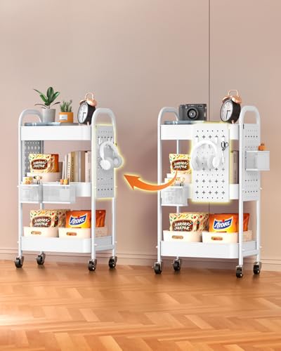 ALVOROG 3 Tier Rolling Cart with DIY Pegboards Metal Utility Cart with Wheels Handles Baskets Hooks, Storage Cart for Office Kitchen Bathroom(White) - color: White