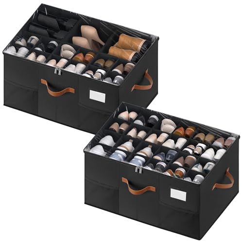 Shoe Organizer for Closet, 2 Pack Shoe Storage Containers with Adjustable Dividers, Space Saving Shoe Box Storage Organizers Bins with Clear Lid & 4 Handles, Fits 24-48 Pairs, Black - color: Black, size: (2 Pack) 25 ½"L x 17"W x 12 ½"H