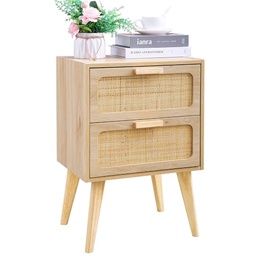 YAUKOMEL Rattan Nightstand, Wood End Table, Side Table with 2 Hand Made Rattan Decorated Drawers,Boho Bedside Table,Wood Accent Table with Storage for Livingroom, Bedroom, Natural CTG59Y - color: Natural, style: Rattan Style