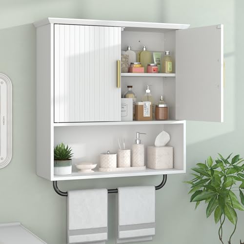 Wall Mounted Medicine Cabinet with Towel Bar & Adjustable Storage Shelf | White Space Saving Wood Bathroom Wall Cabinet 2 Doors for Laundry, Kitchen, Living Room - color: 1-white, size: 23.6" L
